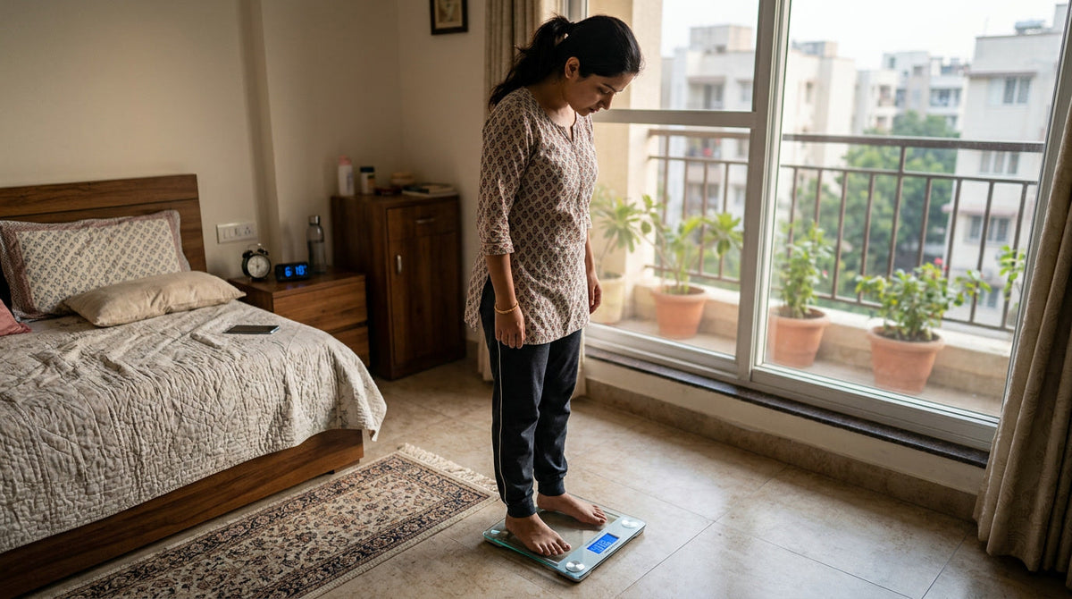 women weighing her self in bedroom